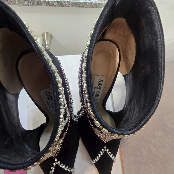 JIMMY CHOO Kendrix 100 - Suede Booties with Embroidery Black/White - Picture 11 of 15